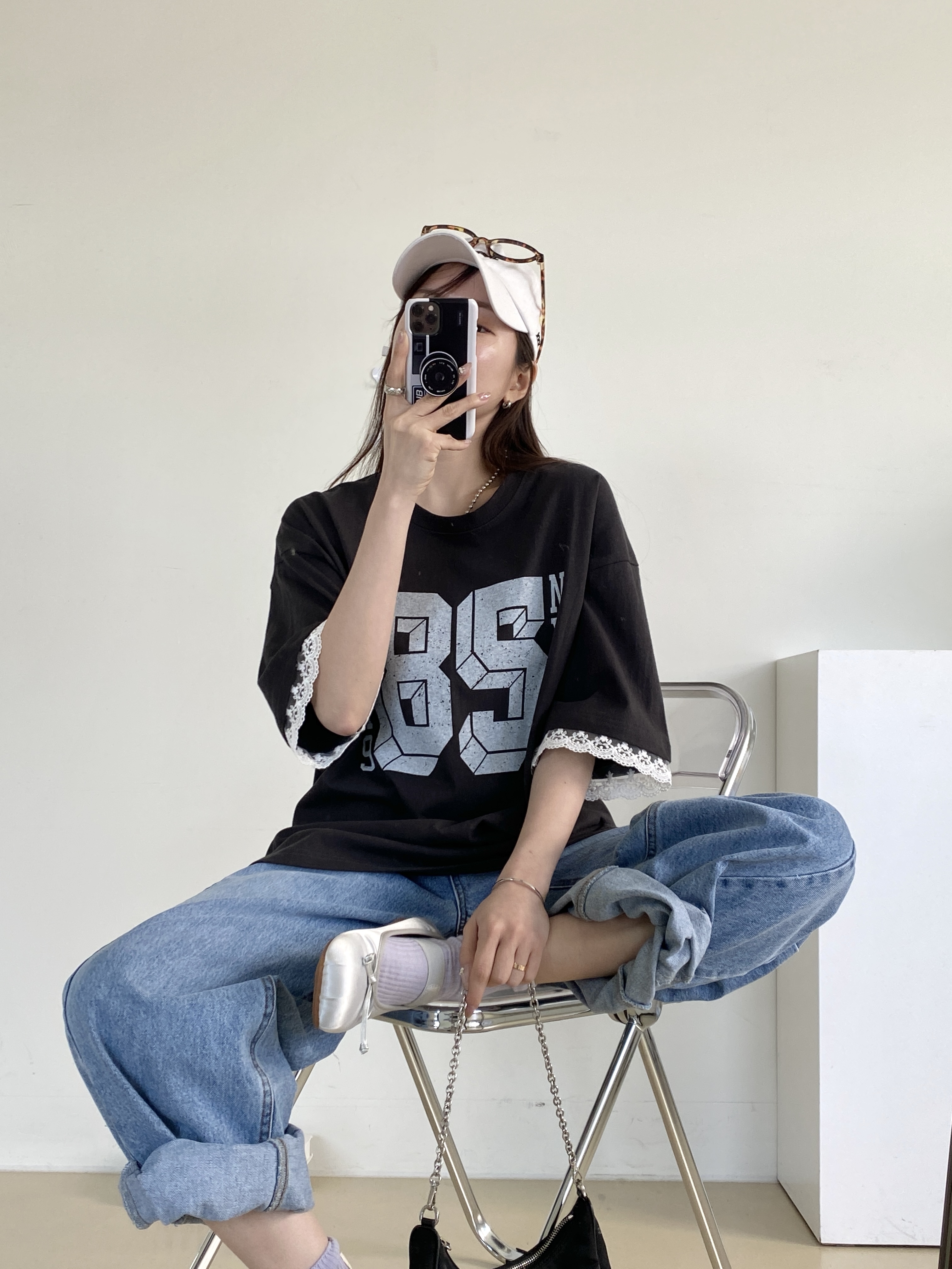 ラウンドネックスリットボクシー半袖ロゴレース配色Tシャツ | 詳細画像3