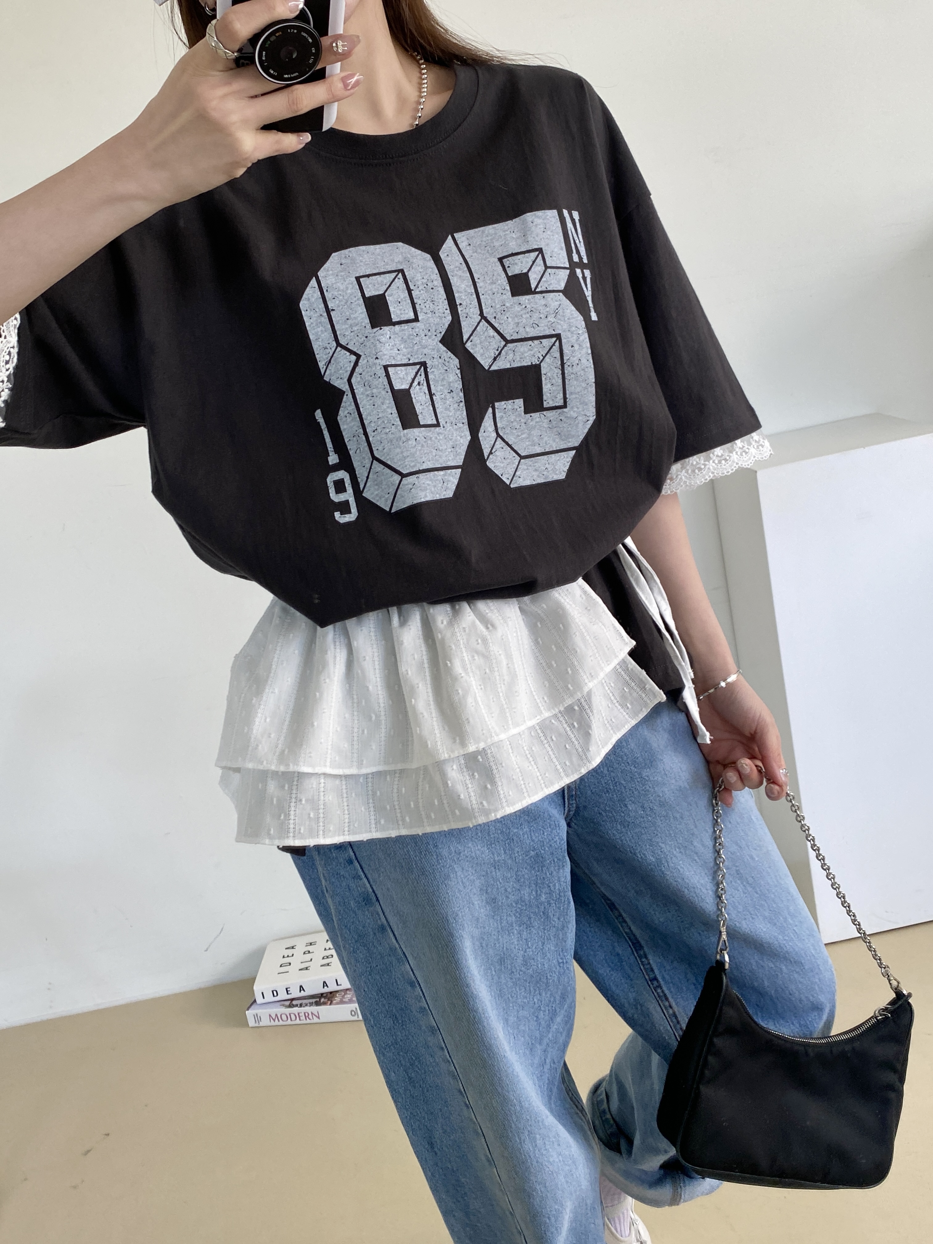 ラウンドネックスリットボクシー半袖ロゴレース配色Tシャツ | 詳細画像4