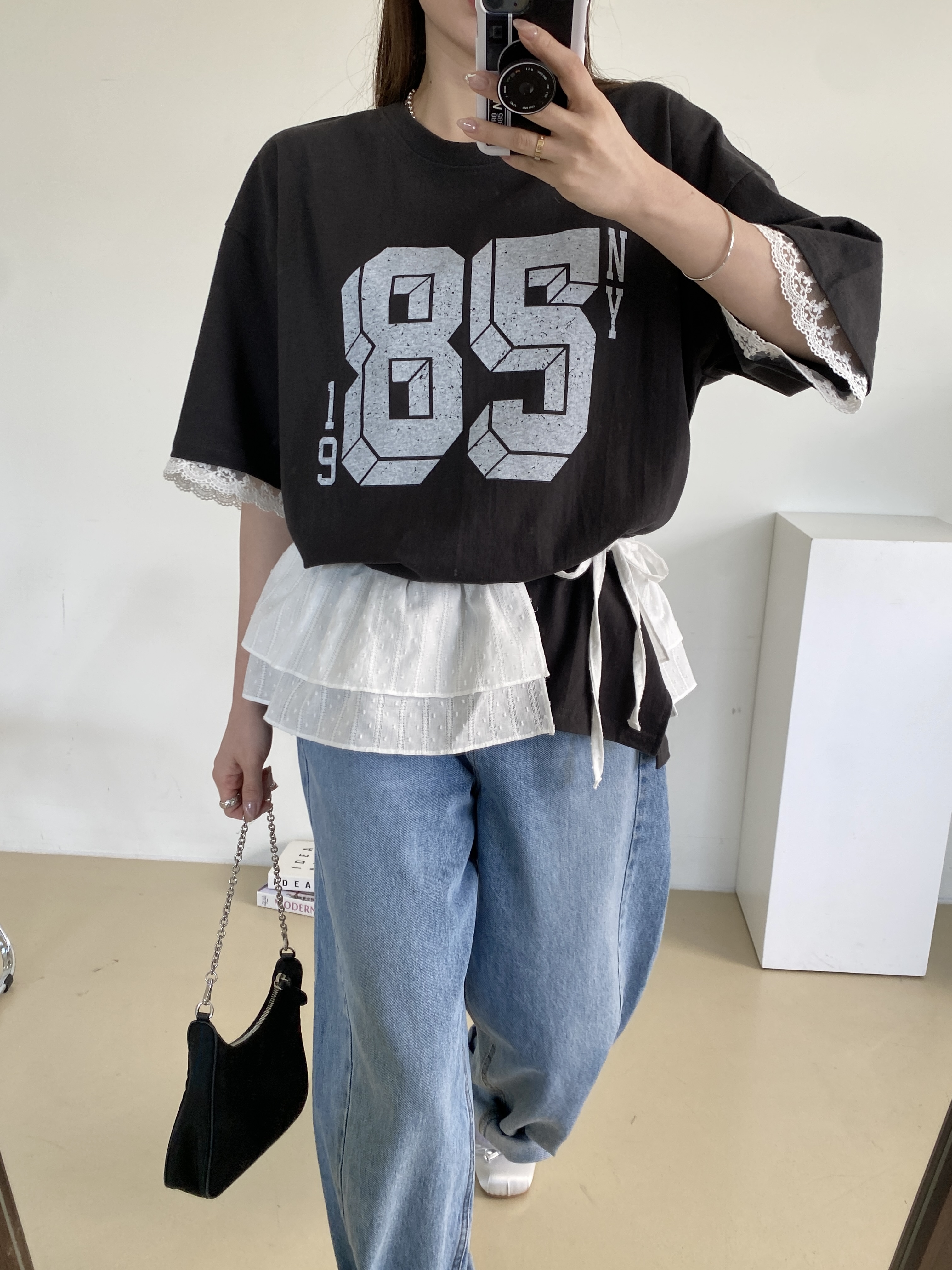ラウンドネックスリットボクシー半袖ロゴレース配色Tシャツ | 詳細画像5