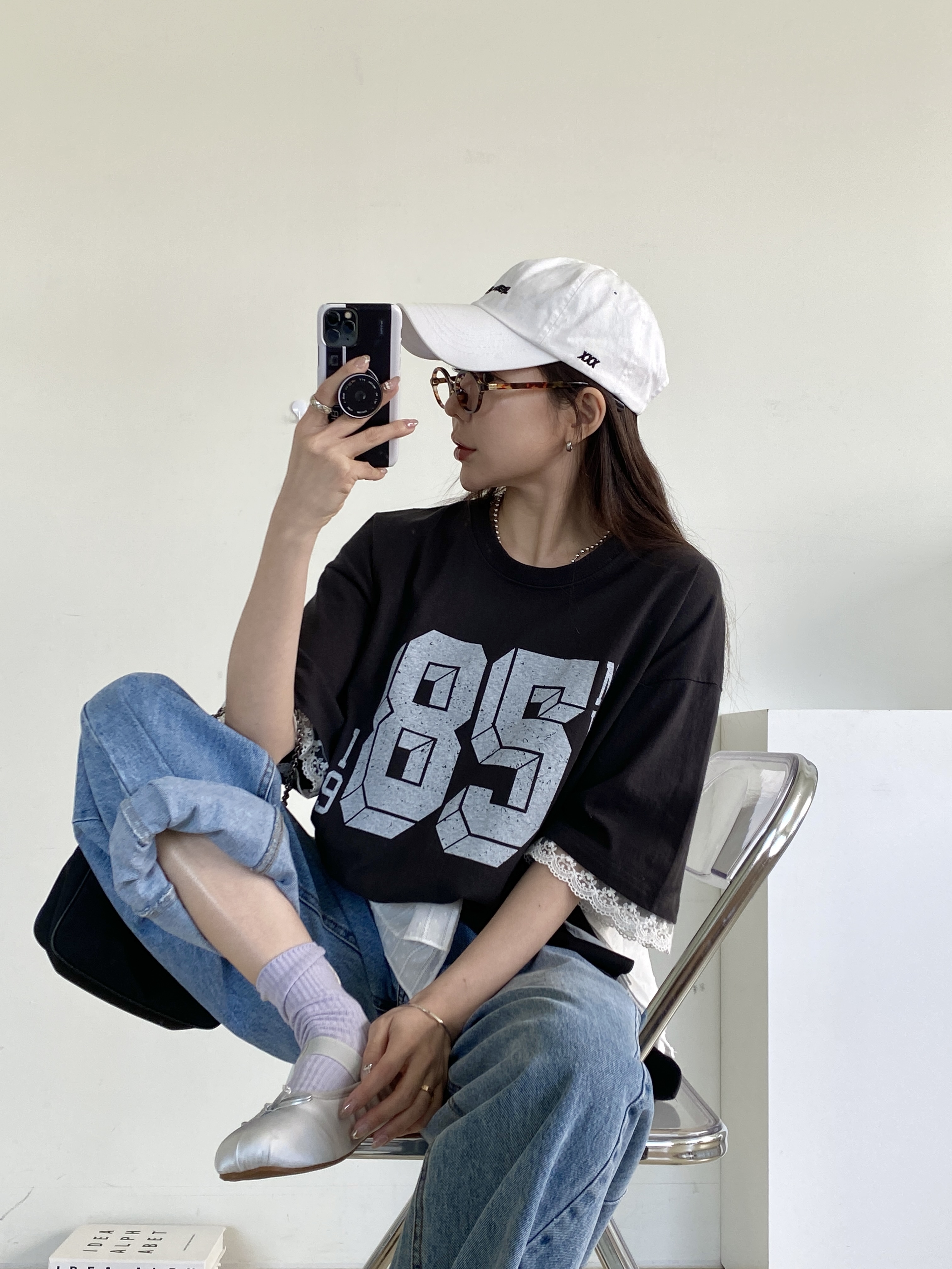 ラウンドネックスリットボクシー半袖ロゴレース配色Tシャツ | 詳細画像6
