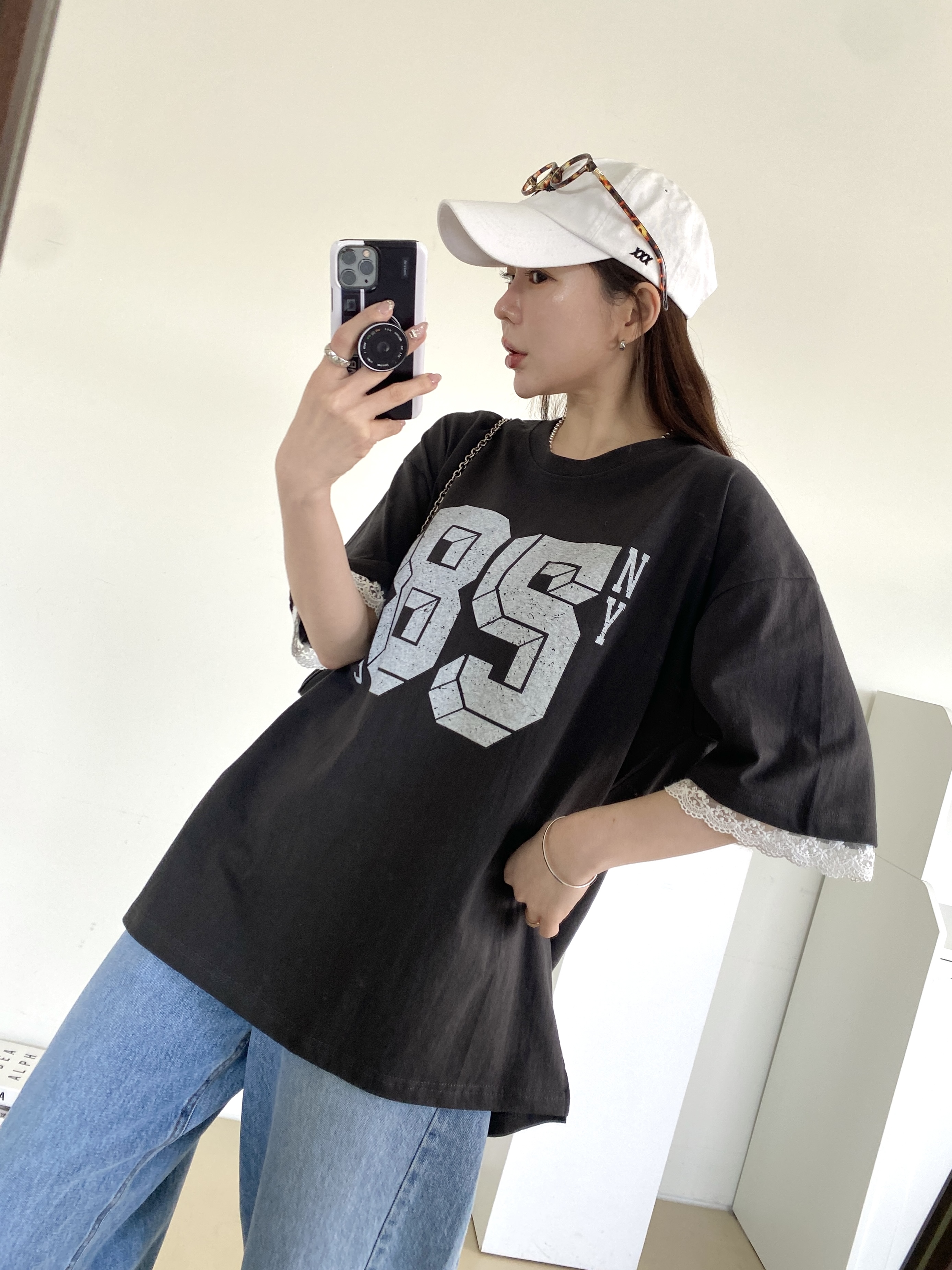 ラウンドネックスリットボクシー半袖ロゴレース配色Tシャツ | 詳細画像7