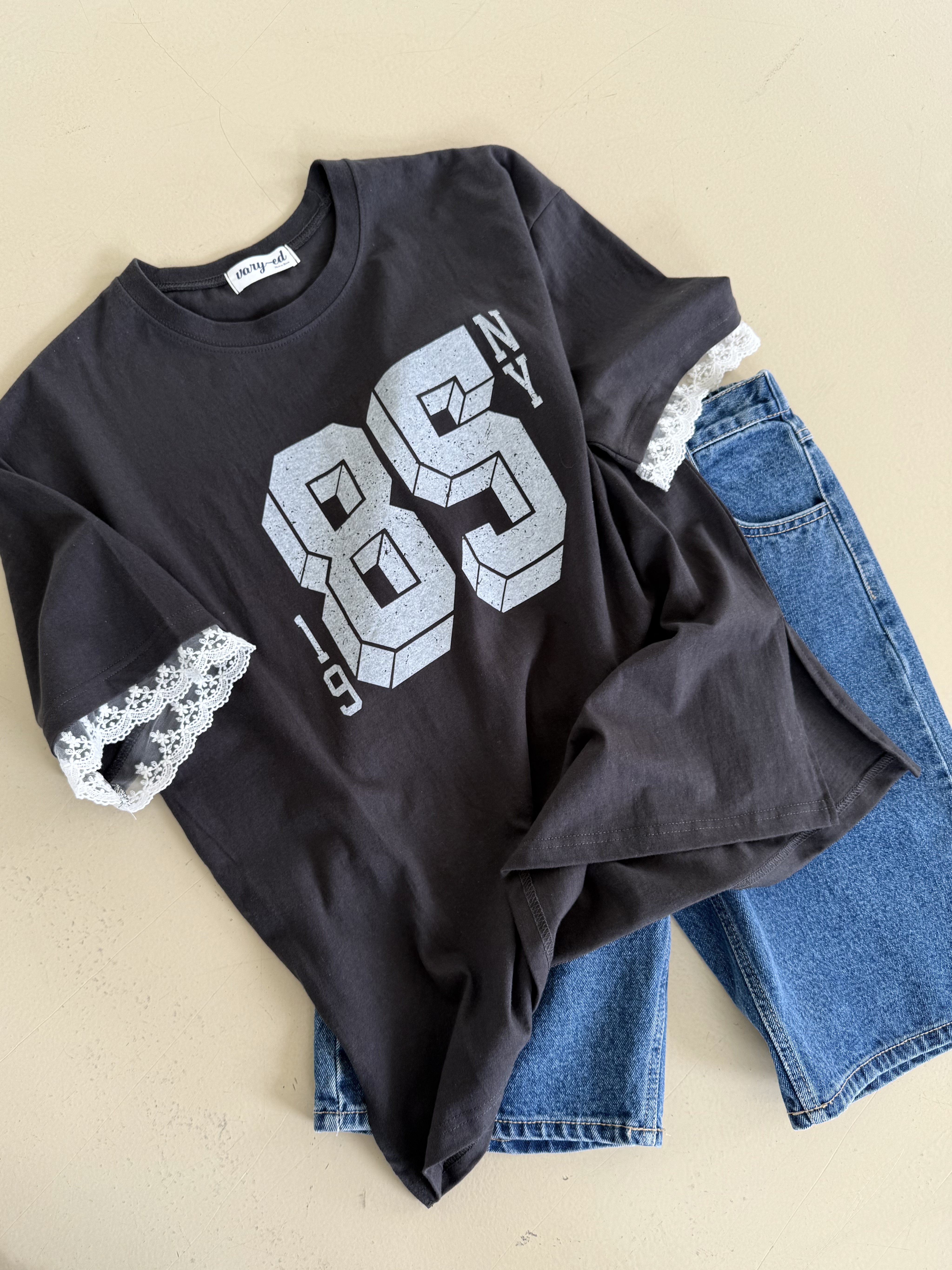 ラウンドネックスリットボクシー半袖ロゴレース配色Tシャツ | 詳細画像10