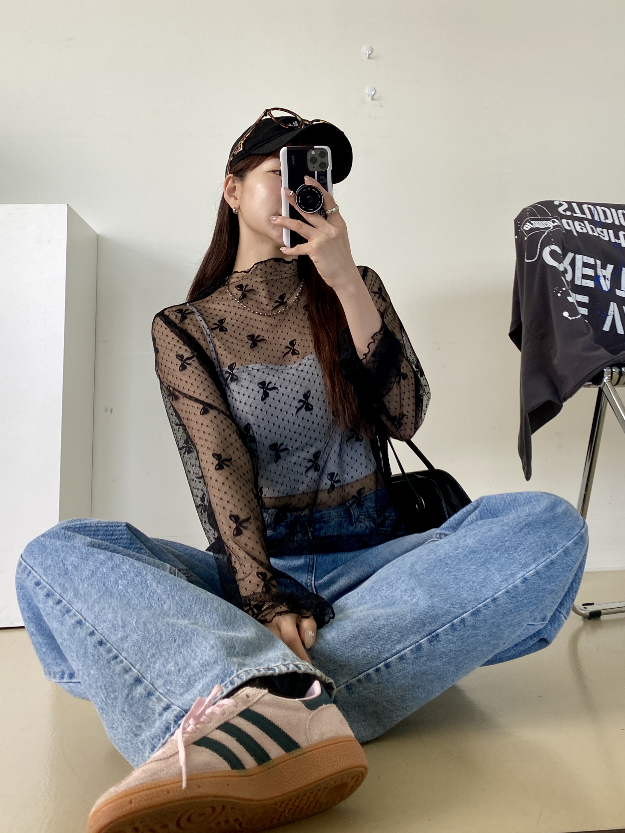シースルーハーフネックスリム長袖レースリボン柄Tシャツ | 詳細画像2