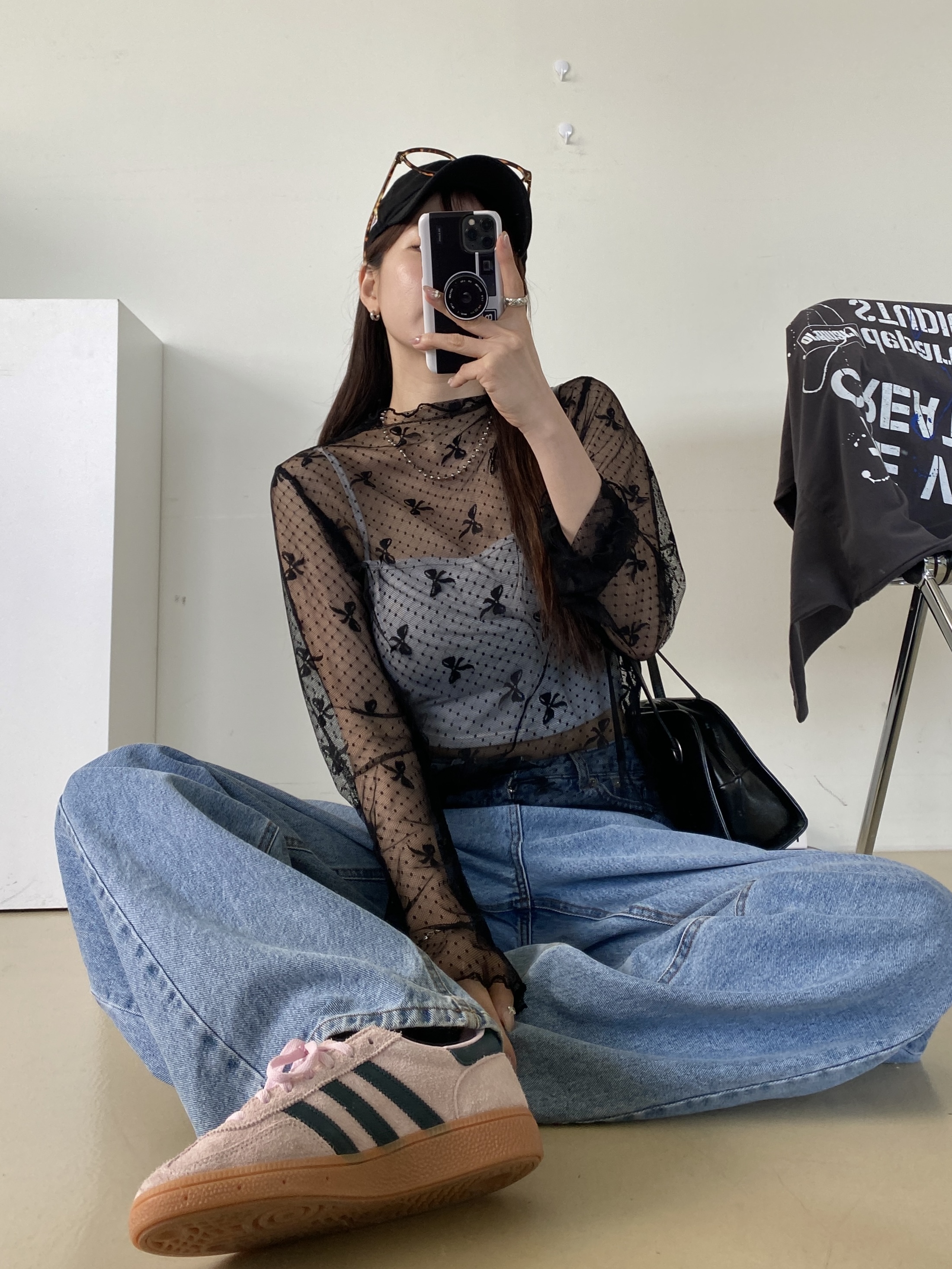 シースルーハーフネックスリム長袖レースリボン柄Tシャツ | 詳細画像5