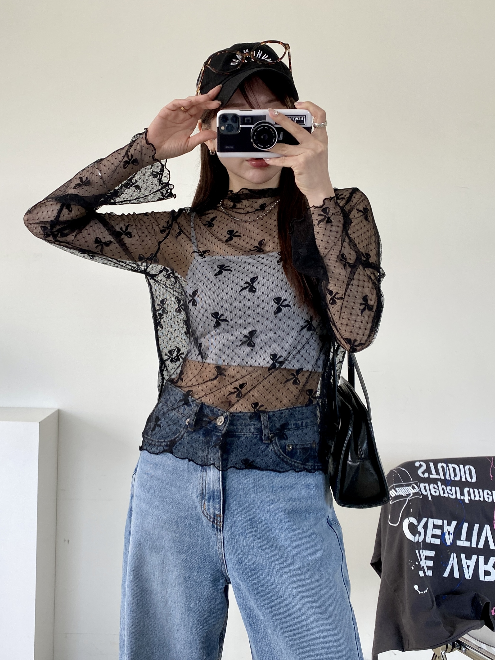 シースルーハーフネックスリム長袖レースリボン柄Tシャツ | 詳細画像6
