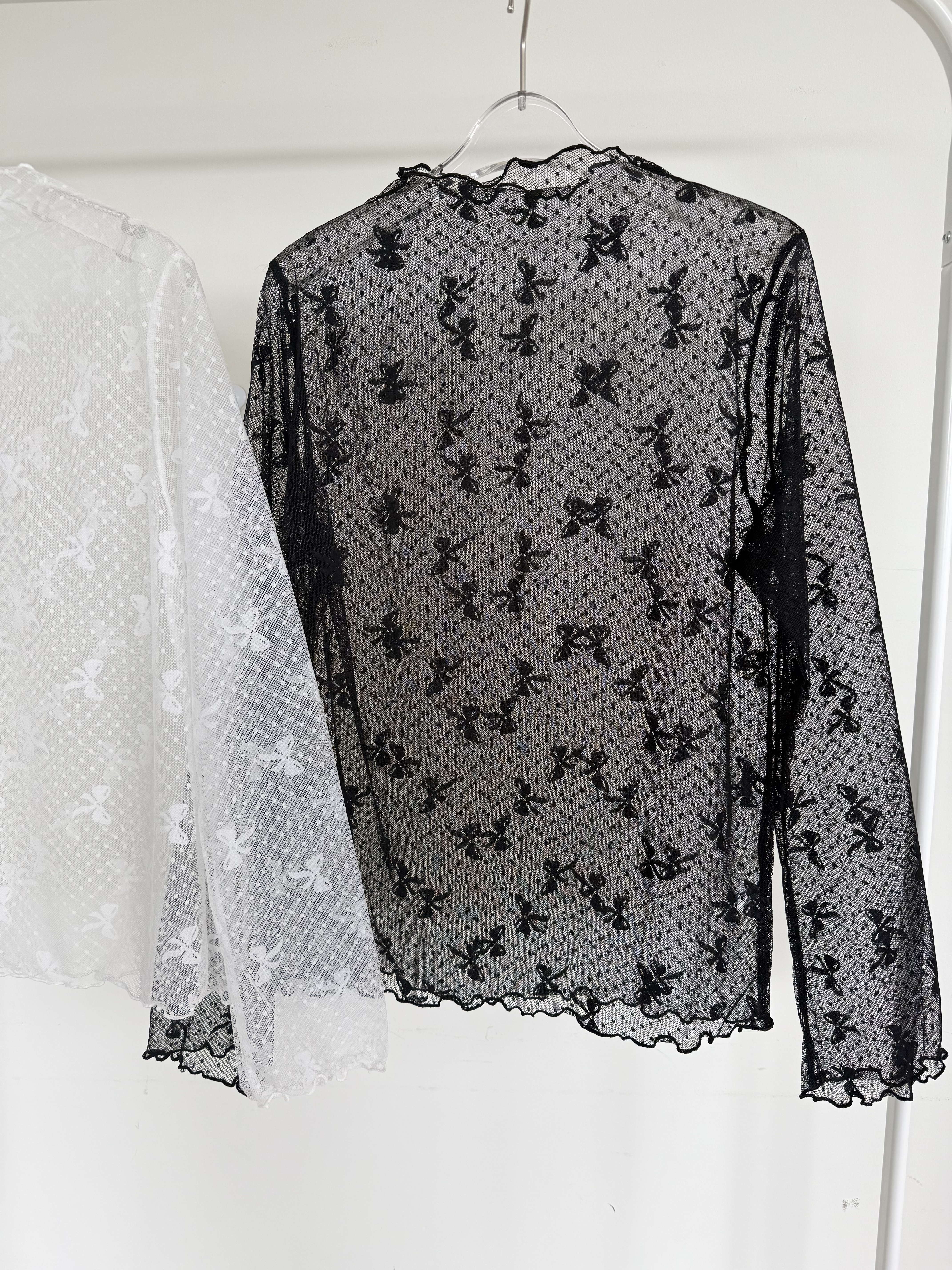 シースルーハーフネックスリム長袖レースリボン柄Tシャツ | 詳細画像12