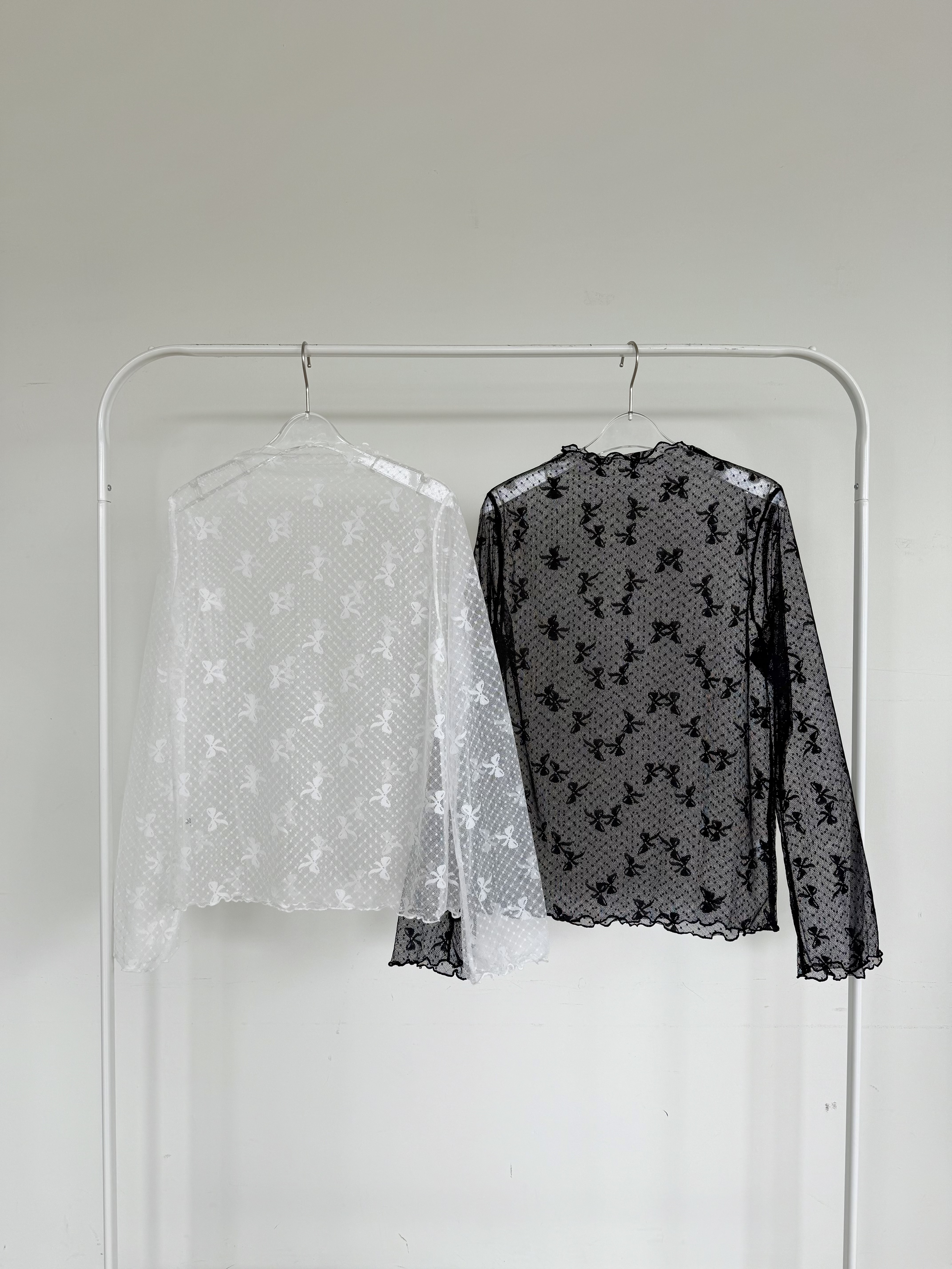 シースルーハーフネックスリム長袖レースリボン柄Tシャツ | 詳細画像14