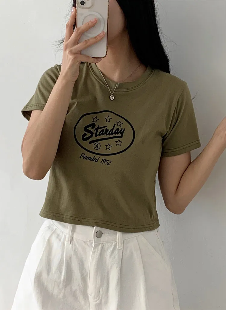 ラウンドネッククロップド半袖プリントTシャツ | 詳細画像1