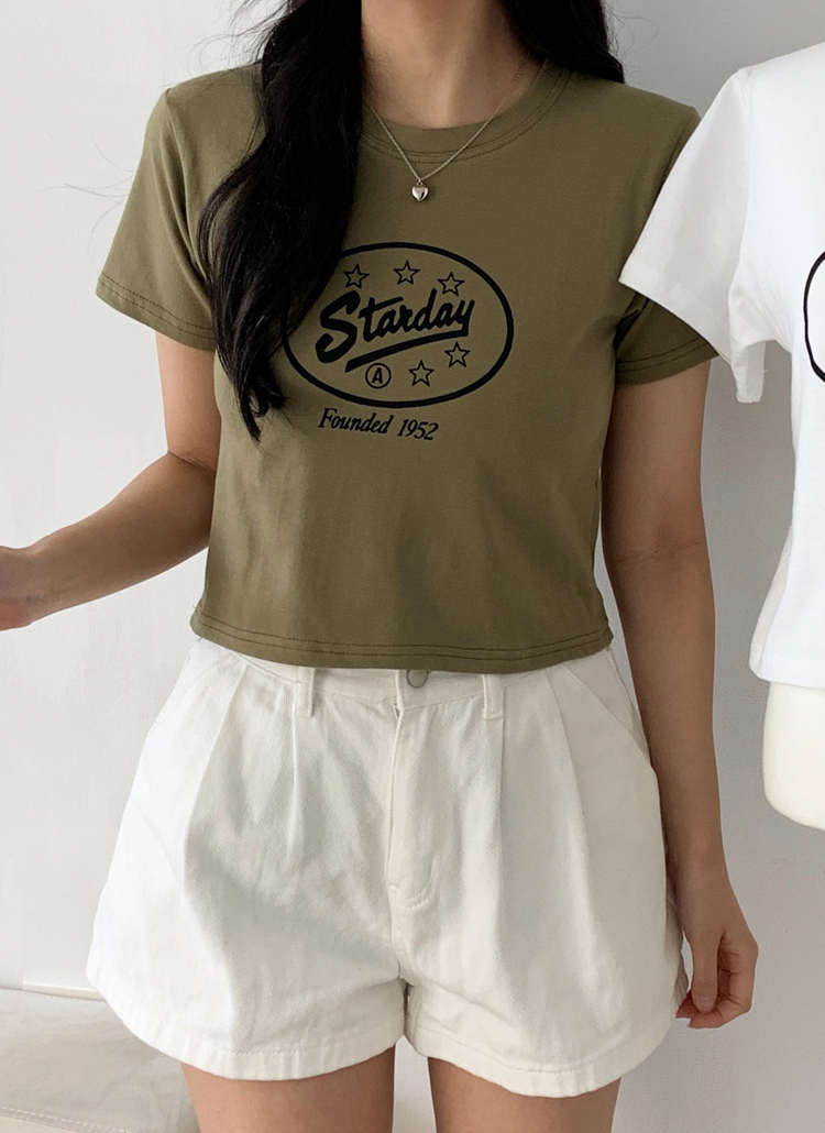 ラウンドネッククロップド半袖プリントTシャツ | レディース