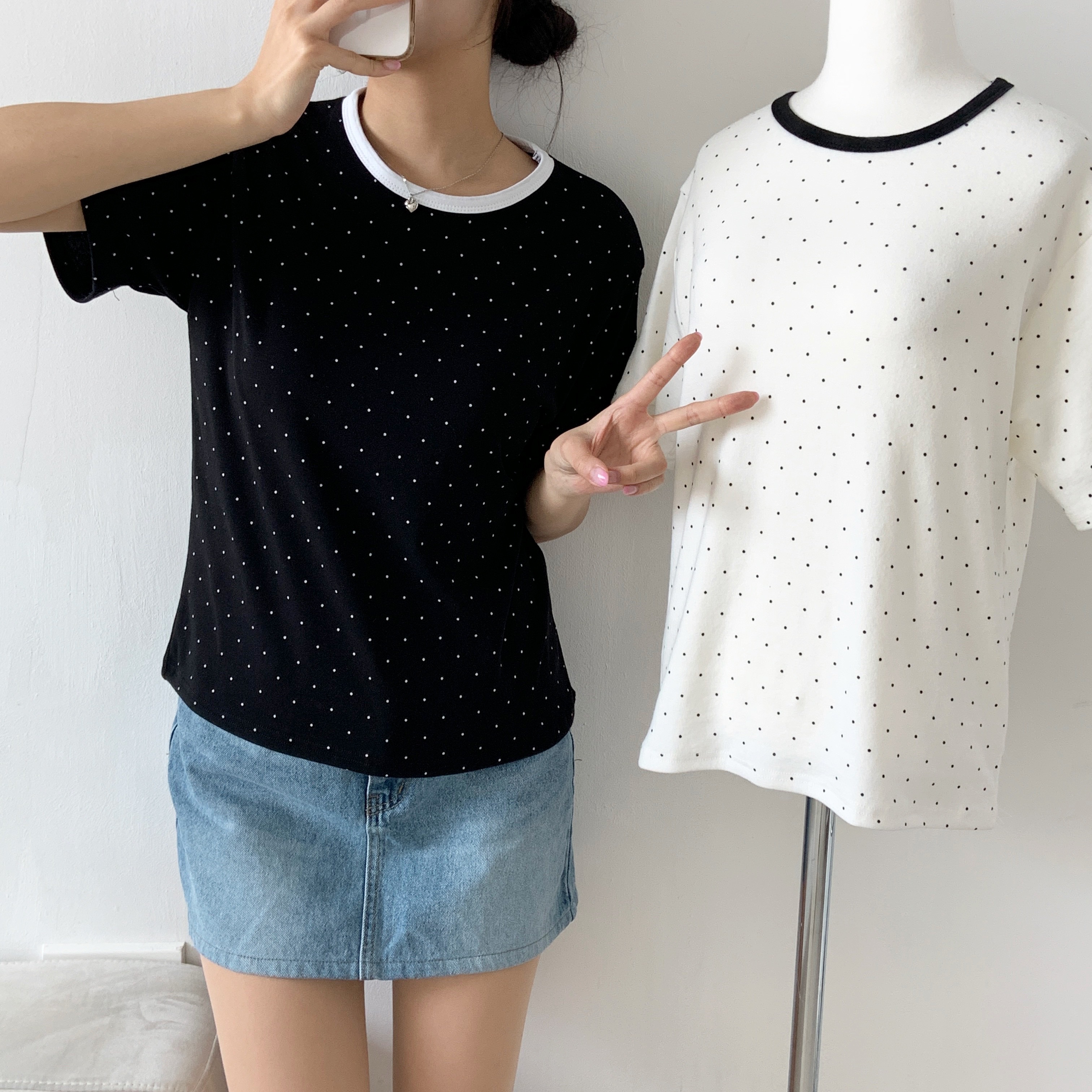 ラウンドネック半袖ドット配色Tシャツ | 詳細画像6