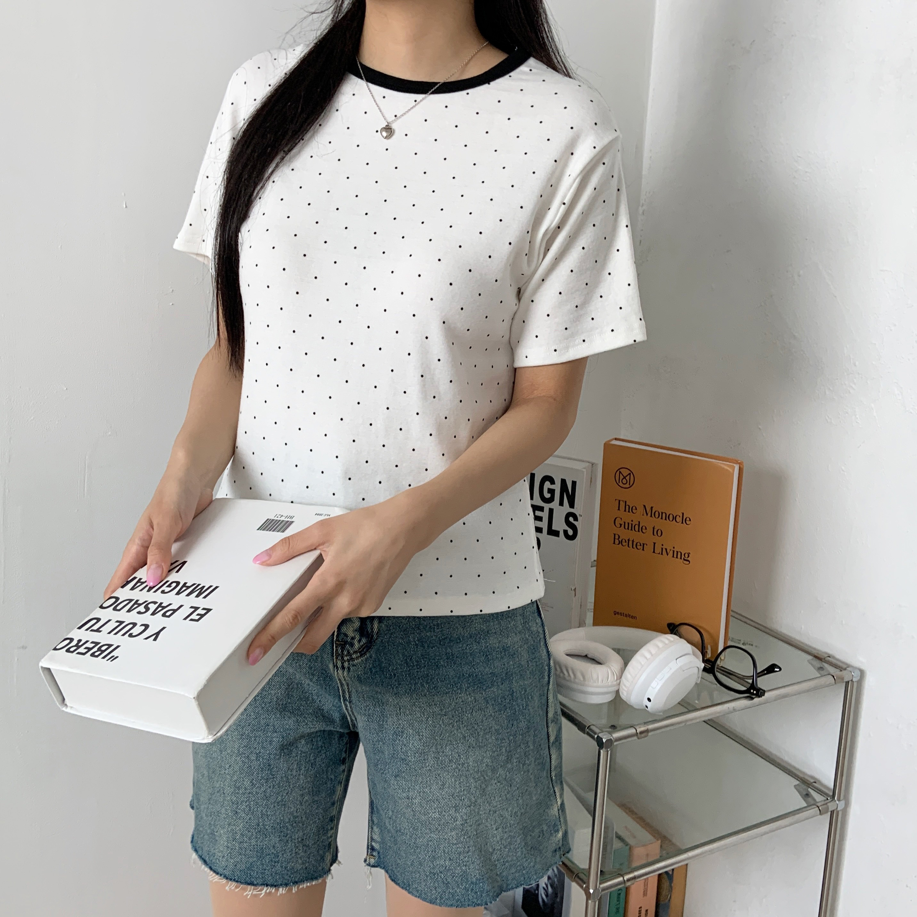 ラウンドネック半袖ドット配色Tシャツ | 詳細画像5