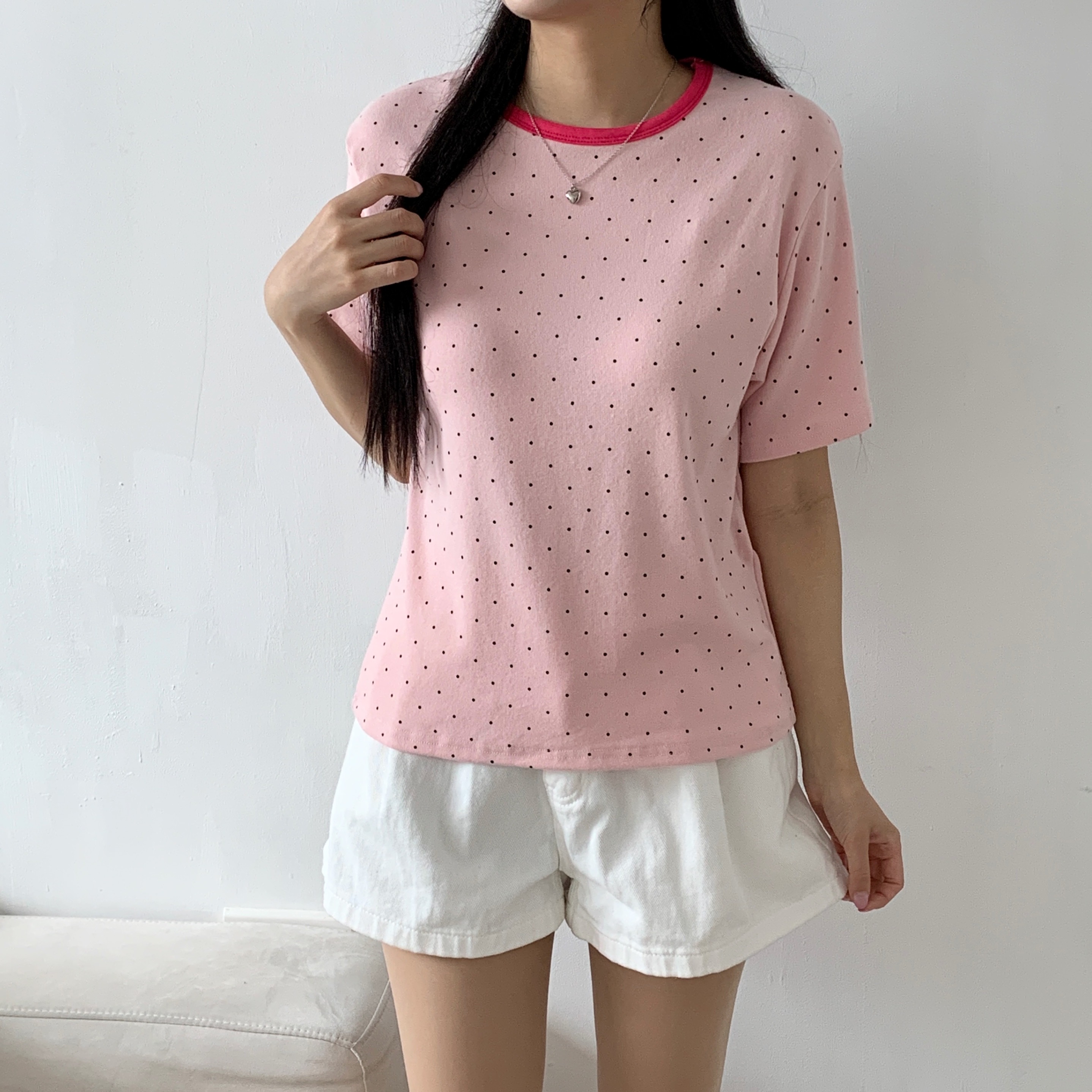 ラウンドネック半袖ドット配色Tシャツ | 詳細画像7