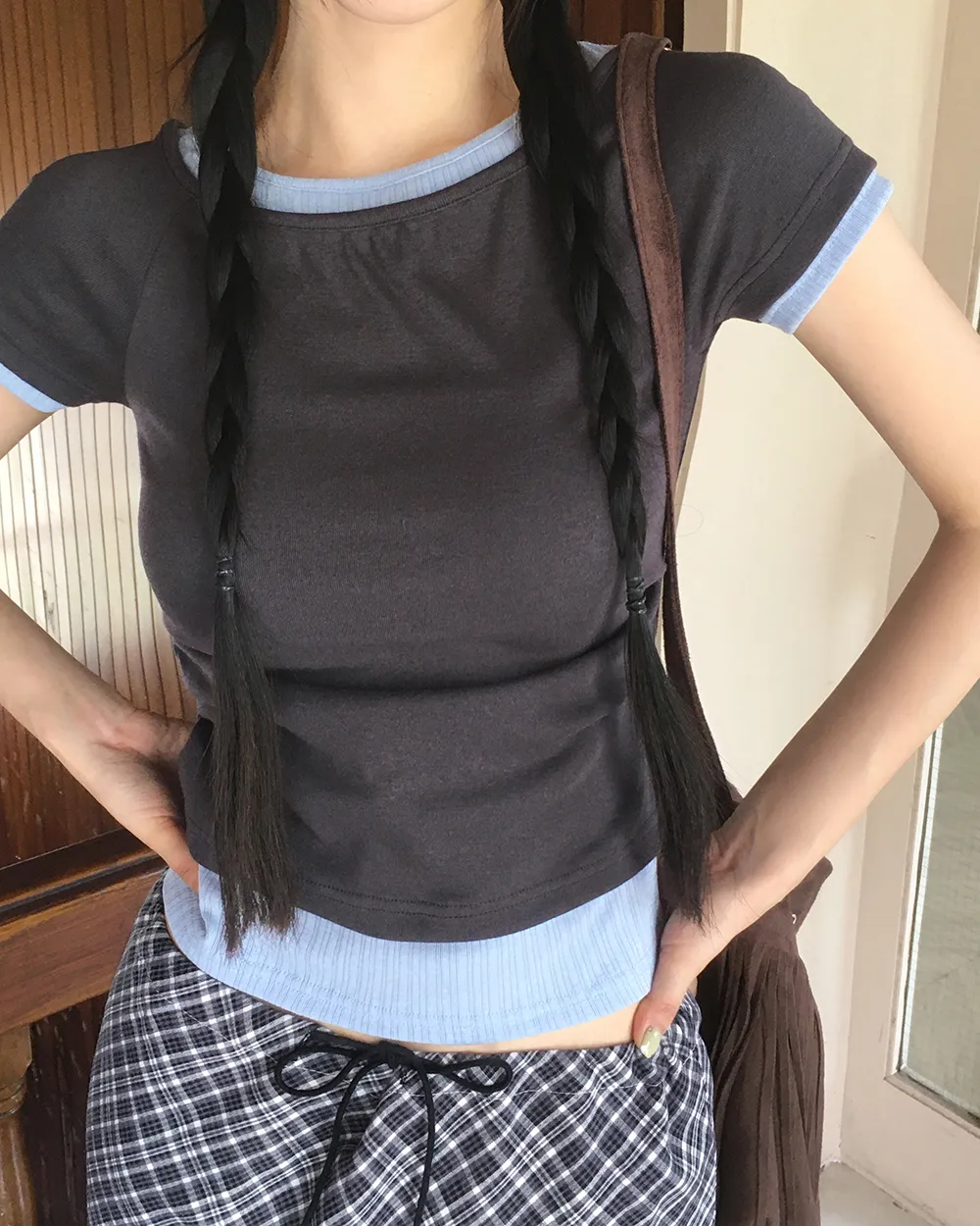 ギャザー半袖スリムレイヤード風配色Tシャツ | WONDERWONDER | 詳細画像1