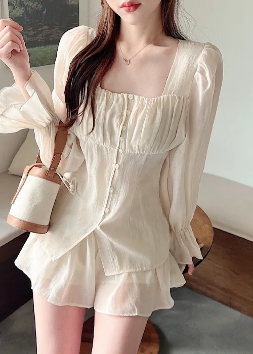 シフォンウエストゴムパフスリーブショート長袖フリルセットアップショートパンツブラウス | dearsera | 詳細画像1