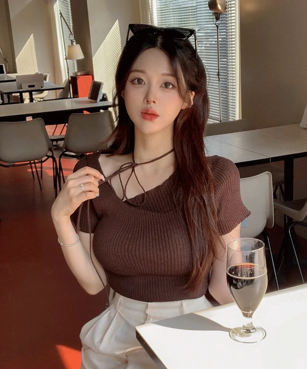 リブボートネックワンショルダー半袖ニット | wannabemuse | 詳細画像1