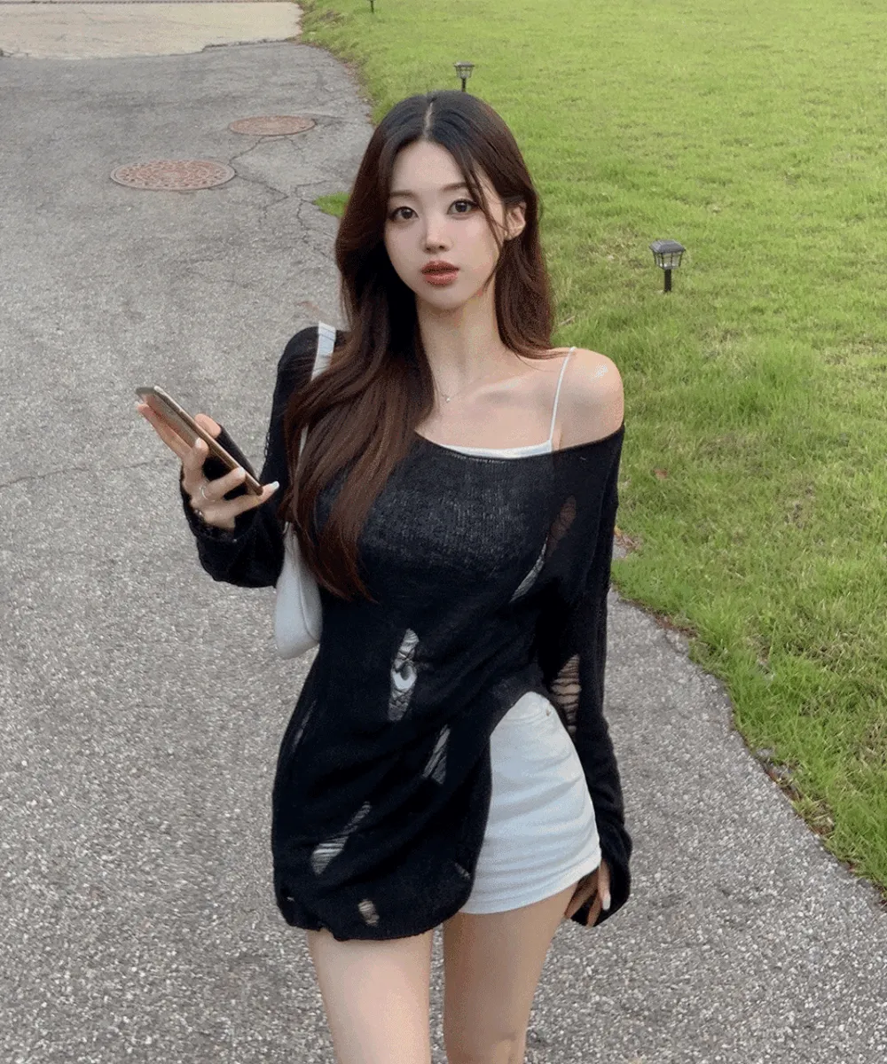 ダメージボートネックニット | wannabemuse | 詳細画像1