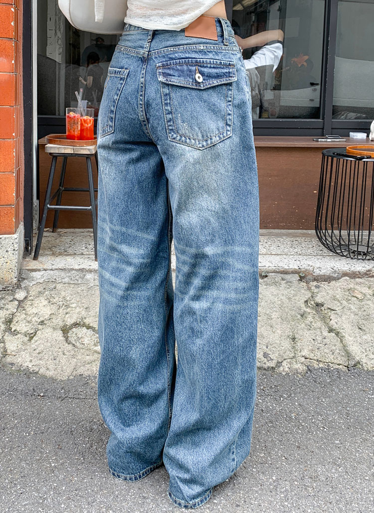 ウォッシングダメージワイドライトブルーデニムパンツ | レディース