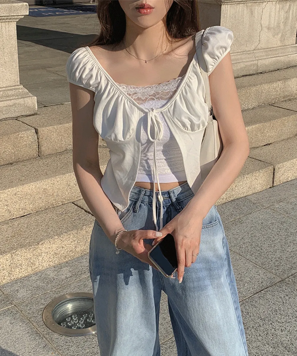 アイレットレースリボンクロップドレイヤード風レースTシャツ | wannabemuse | 詳細画像1