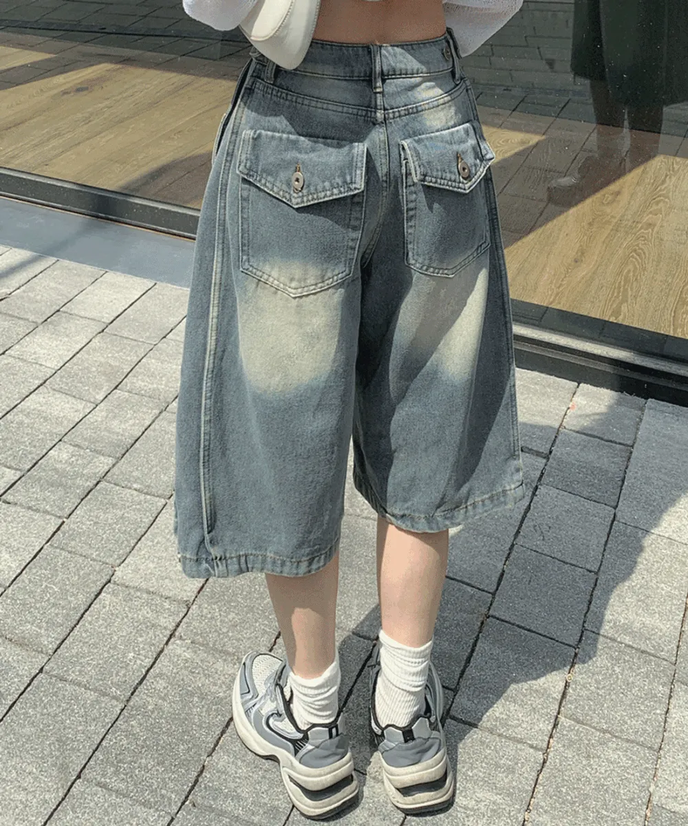 バミューダラインワイドライトブルーディープブルーデニムパンツ | wannabemuse | 詳細画像1