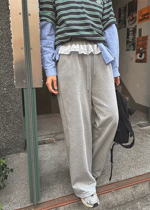 ウエストゴムレイヤード風パンチングワイドレースパンツトレーニング | SSENUNNI | 詳細画像1