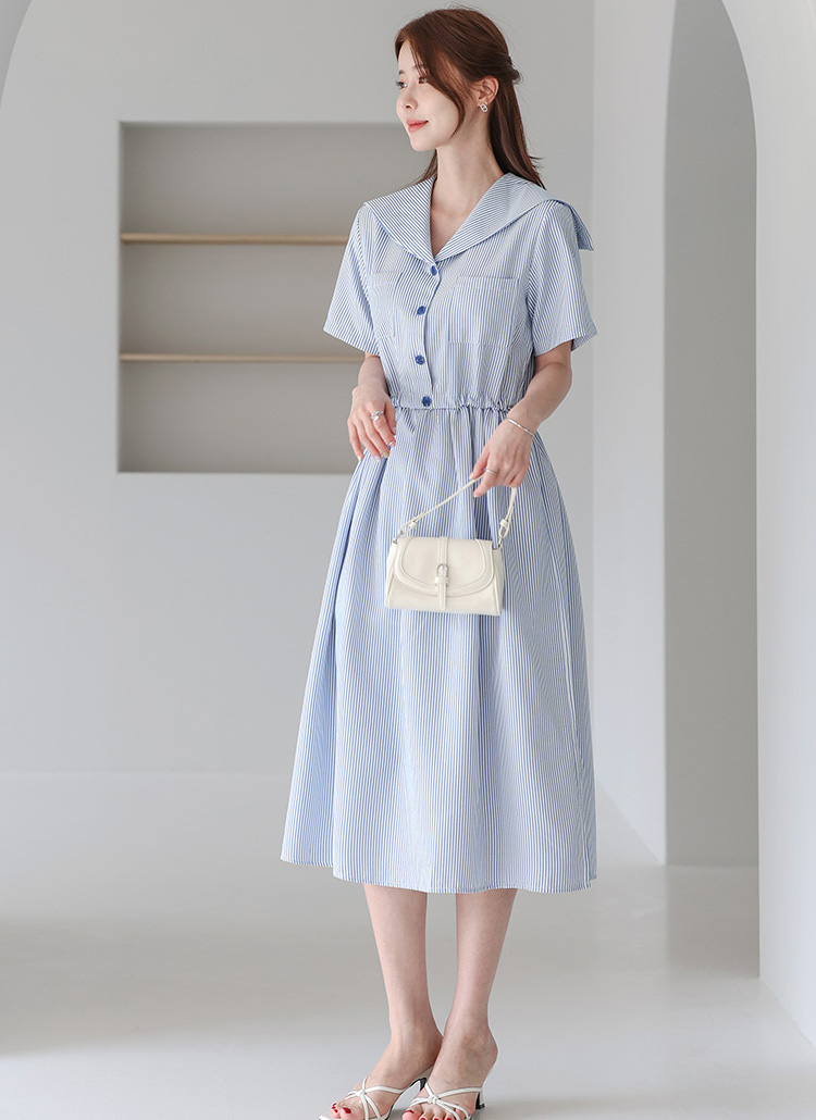 セーラーカラーロングストライプシャツワンピース | レディース