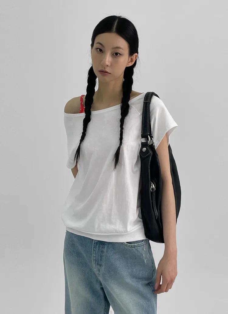 ルーズオフショルダーワンショルダーボートネック無地Tシャツ | blackup | 詳細画像1