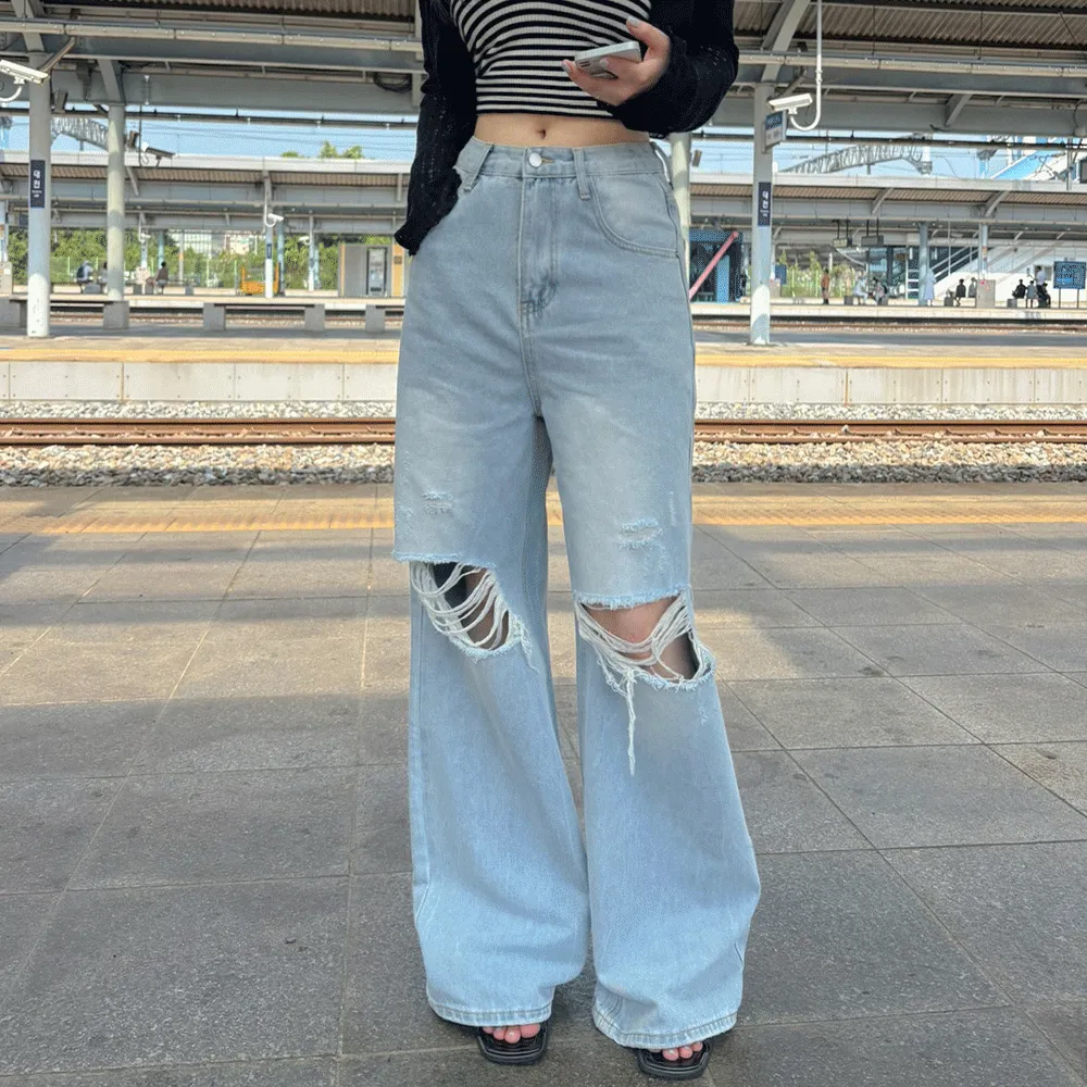 ダメージワイドライトブルーディープブルーデニムパンツ | wannabemuse | 詳細画像1