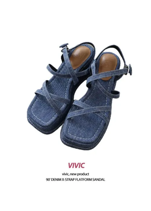 レザー調デニムバックルヒールサンダル | vivic | 詳細画像1