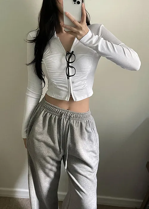 2WAYリブ長袖ジップアップラウンドネックTシャツ | yefit | 詳細画像1