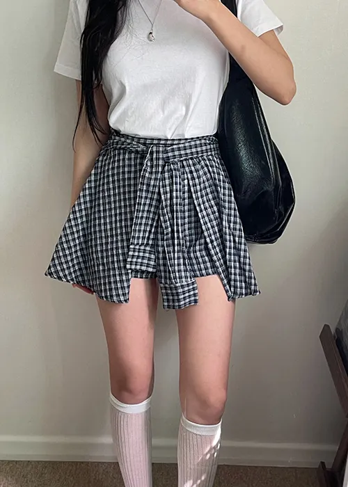 ラップウエストゴムチェックショートパンツ | yefit | 詳細画像1