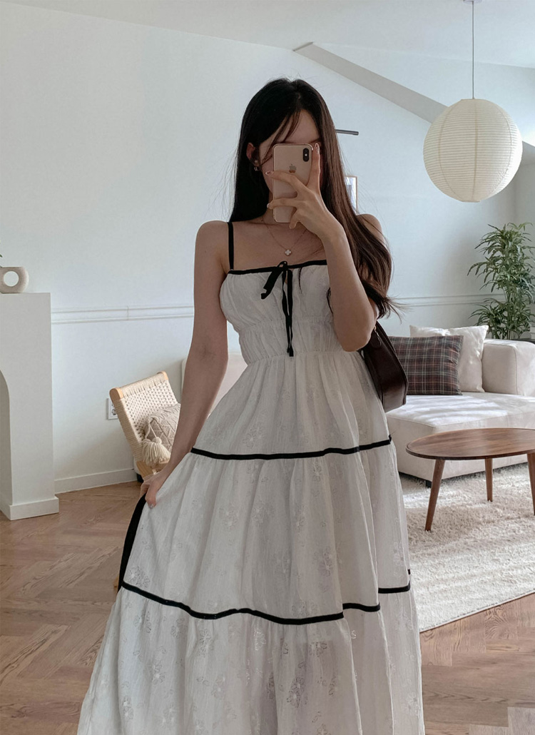 スクエアネックゴムティアードロング配色リボン柄キャミワンピース