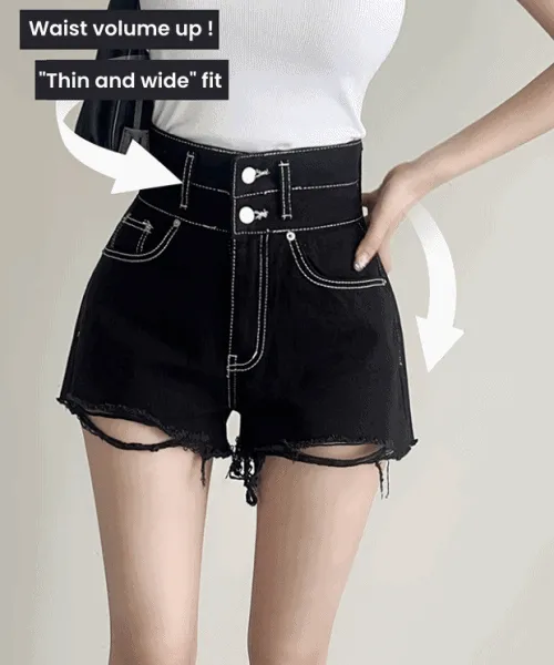 デニムツーボタンハイウエストダメージデニムパンツショートパンツ | woou | 詳細画像1