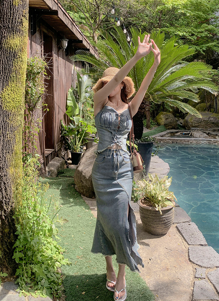 デニムロングスリットアイレットドローストリングセットアップデニム