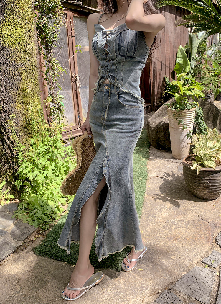 デニムロングスリットアイレットドローストリングセットアップデニム