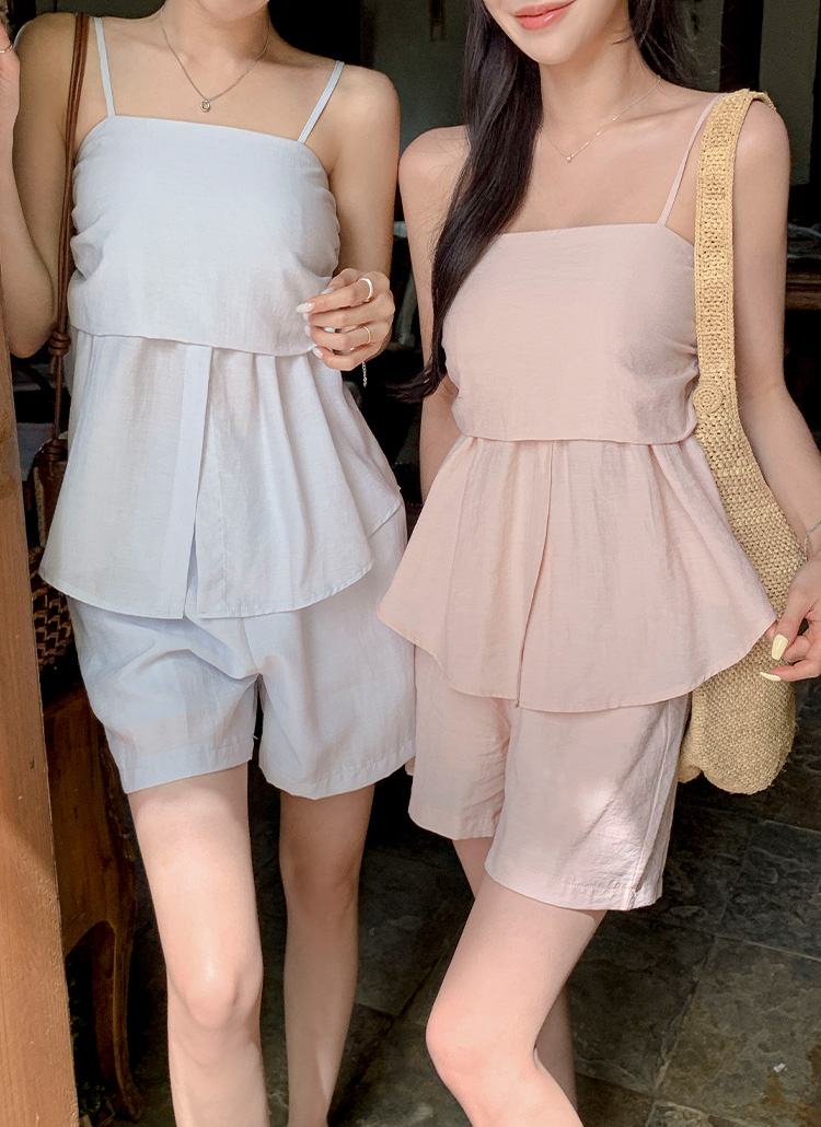 ウエストゴムバックゴムシャーリングフレアセットアップショートパンツ