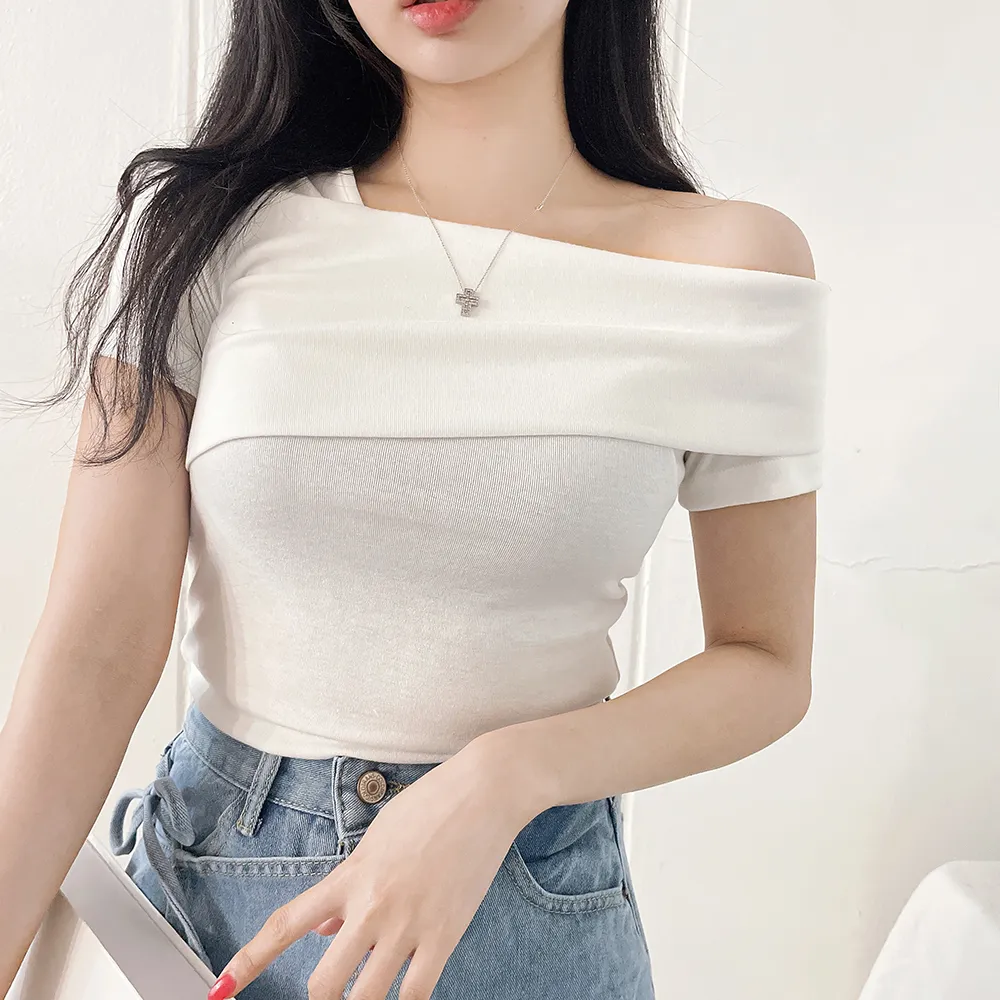 ストレッチアンバランスネックオフショルダースリム半袖Tシャツ | yenangnang | 詳細画像1