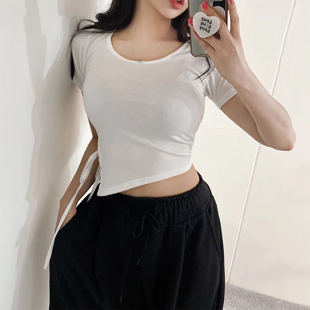 ストレッチアンバランスクロップド半袖スリムラウンドネックTシャツ | yenangnang | 詳細画像1