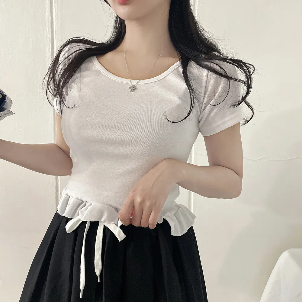 ストレッチ半袖クロップドフリルスリムTシャツ | yenangnang | 詳細画像1