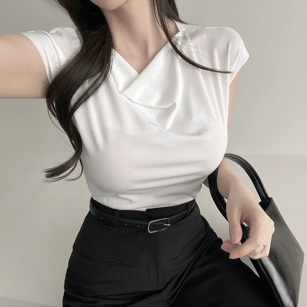 ストレッチギャザードレープフレンチスリーブ半袖スリムTシャツ | ganadaran | 詳細画像1