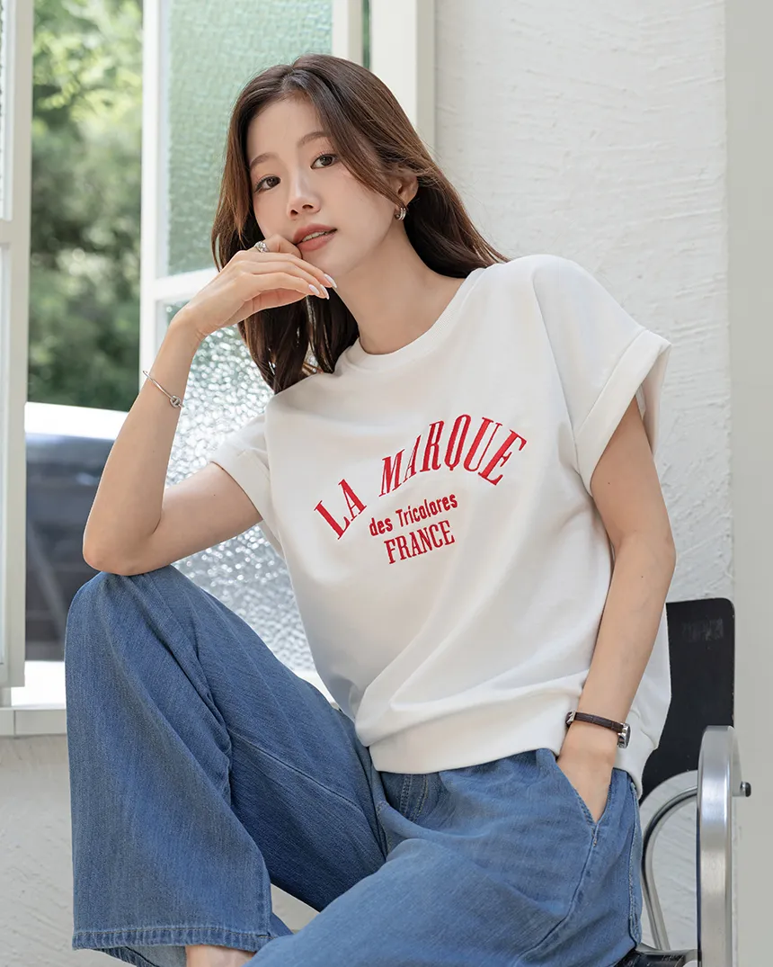 ロールアップラウンドネック半袖刺繍Tシャツ | MONO AT.D | 詳細画像1
