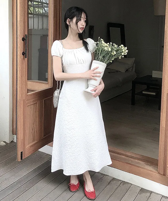 2WAYオフショルダーゴムパフスリーブロングフレアバックストラップワンピース | classicblanc | 詳細画像1