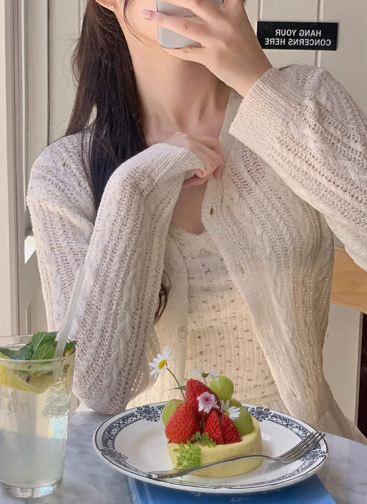 ブークレニットシースルーVネック長袖カーディガン | hotping | 詳細画像1