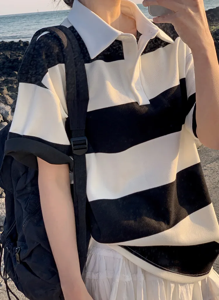 半袖カラーオーバーサイズ配色ボーダーTシャツポロカラーTシャツ | hotping | 詳細画像1