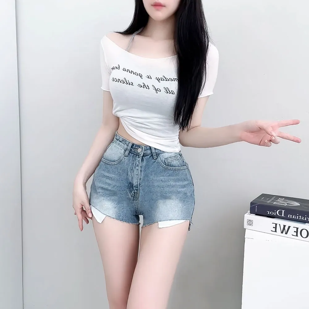 ストレッチシースルー半袖スリムオフショルダーロゴTシャツ | auvezay | 詳細画像1