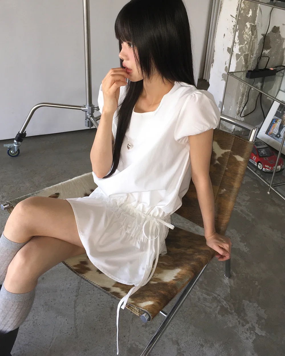 半袖ギャザーパフスリーブドローストリングミニワンピース | WONDERWONDER | 詳細画像1