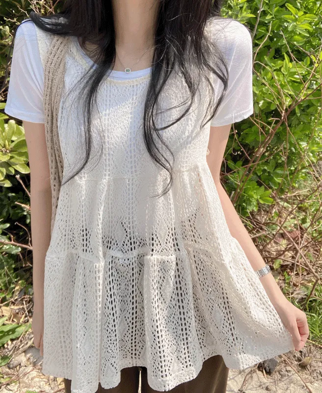 ラウンドネックスリットストラップフリル無地Tシャツニット | ROMANTICLINE | 詳細画像1