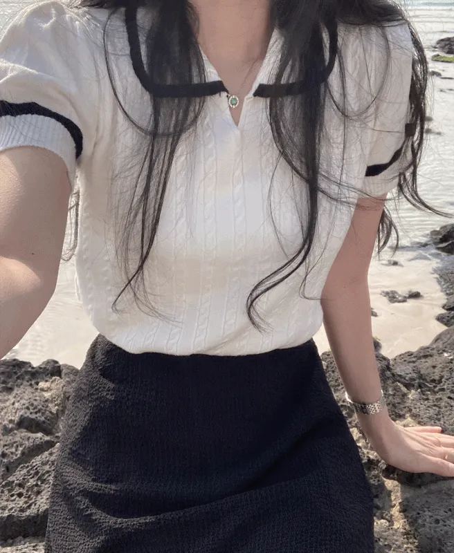 カラー半袖配色ケーブルニット | ROMANTICLINE | 詳細画像1