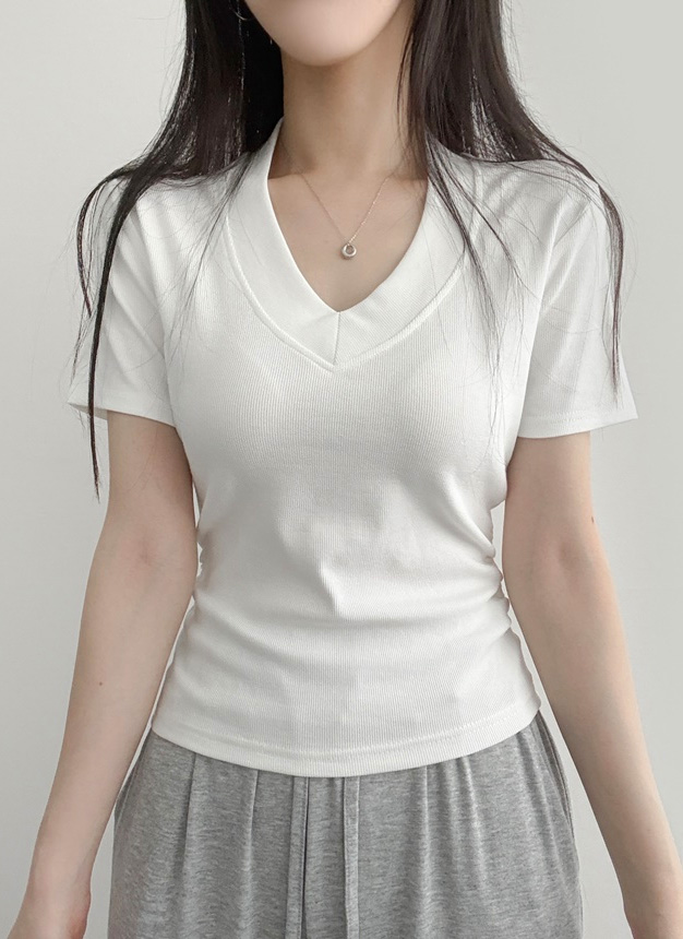 Vネッククロップドスリム半袖ギャザーTシャツ | レディース
