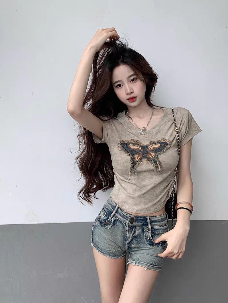 Vネックフリンジ半袖プリントTシャツ | 詳細画像2