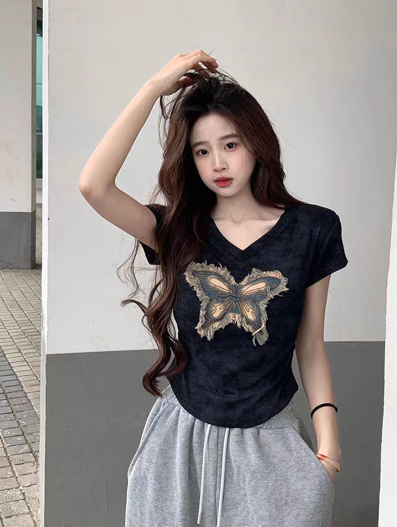 Vネックフリンジ半袖プリントTシャツ | 詳細画像6